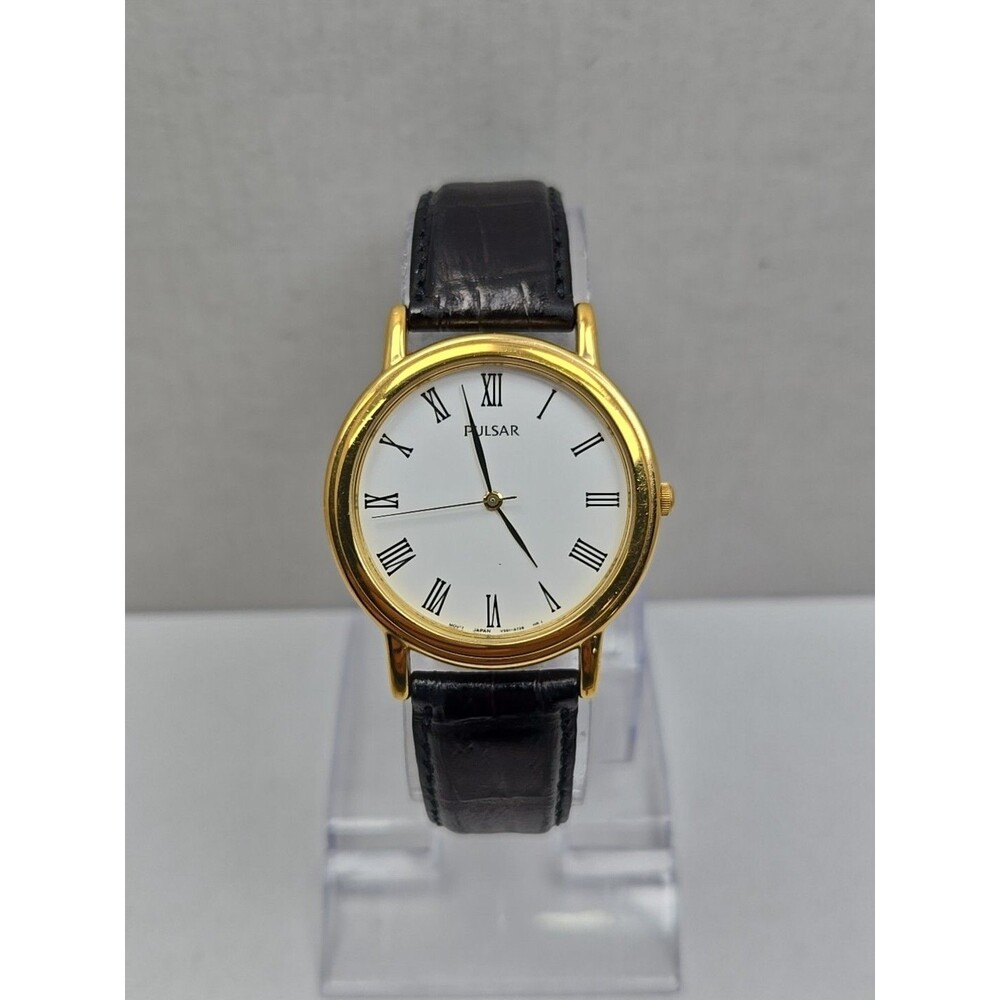 Pulsar by Seiko Mens Gold Tone Roman Numeral Dress Watch New Battery Japan Runs